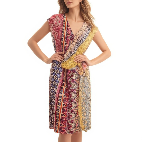 Desigual Dress Size EU 46 Multi-Color Patchwork Bohemian V-Neck Vibrant Eclectic - Picture 1 of 15